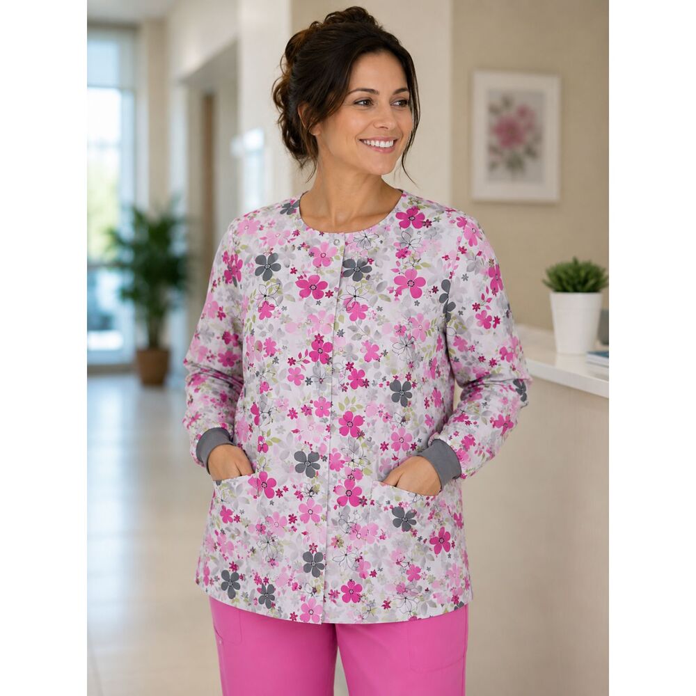 Scrub H.Q. Size L Pink Floral Snap Front L Sleeve Scrub Jacket Top Pockets #15